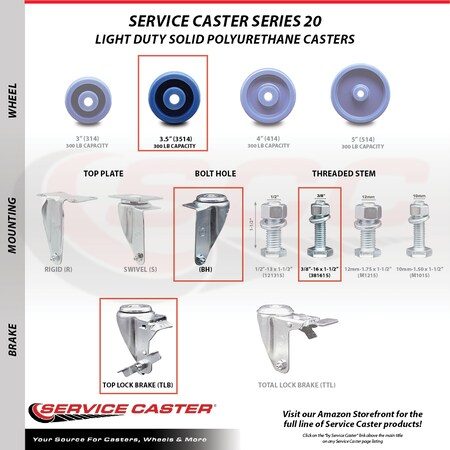 Service Caster 3.5 Inch Solid Polyurethane Swivel 3/8 Inch Threaded Stem Caster Brake SCC, 2PK SCC-TS20S3514-SPUS-381615-2-TLB-2